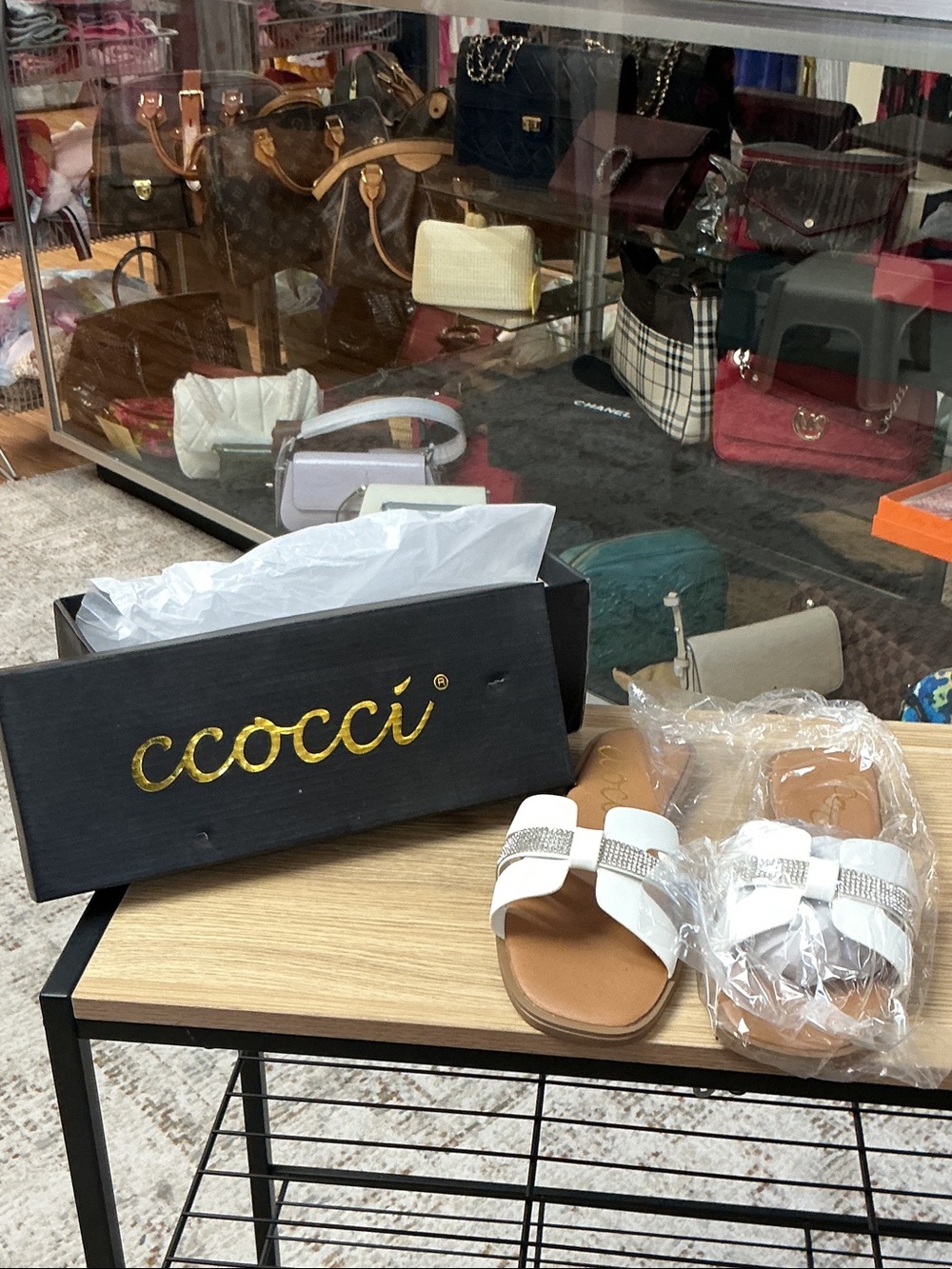 CCOCCI White Slide Sandals with Rhinestone Straps and Tan Footbed